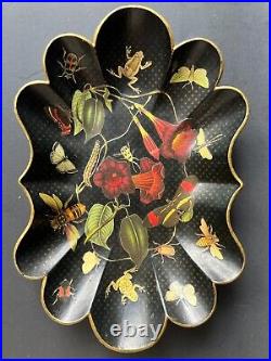 Vintage English Paper Mache Botanical, Frogs & Insects Lacquered Decoupage Tray