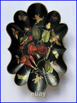 Vintage English Paper Mache Botanical, Frogs & Insects Lacquered Decoupage Tray