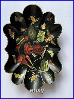 Vintage English Paper Mache Botanical, Frogs & Insects Lacquered Decoupage Tray