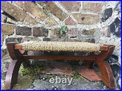 Vintage English Rustic Stool Bench Natural Plaited Woven Raffia Wood Lovely see