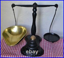 Vintage English Salter Black Beam Scales 8 Weights 4 Brass 4 Cast Iron