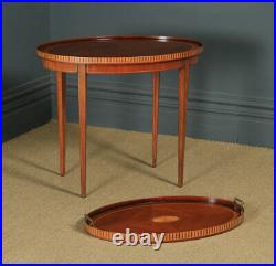 Vintage English Sheraton Style Mahogany & Satinwood Oval Drinks Tray on Table