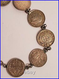 Vintage English Silver 3 Pence Coin Sweetheart Bracelet Antique Jewelry