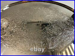 Vintage English Silver Footed Oval Serving Tray withHandles, 19 1/2 x 12 x 1 3/4