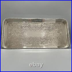 Vintage English Silver Plated Long Slim Gallery Drinks Cocktail Tray 41x19cm