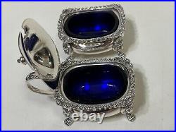 Vintage English Silverplate Salt Cellar & Mustard Pot withCobalt Blue Glass Insert