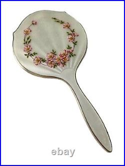 Vintage English Solid Silver & Guilloche Enamel Hand Mirror Birmingham 1964