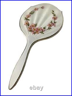 Vintage English Solid Silver & Guilloche Enamel Hand Mirror Birmingham 1964