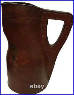 Vintage English Stitched Molded Leather Pitcher Jug Vessel Coat Of Arms England