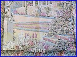 Vintage English Tapestry Wall Hanging Landscape Garden Flowers 24 x 25.25