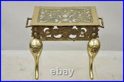 Vintage English Victorian Brass Fireplace Footman Trivet with Floral Scrollwork