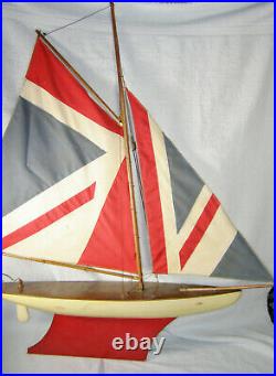 Vintage English Wood Pond Boat Sailboat Yacht Union Jack / British Flag Sails