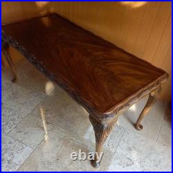 Vintage English traditional Carved Flamed Mahogany Coffee Table Queen Anne Legs