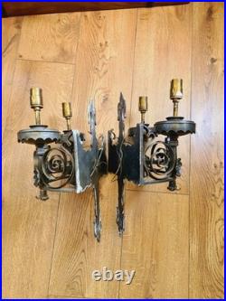 Vintage Forged Iron Wall Lights Old English Period Gothic Handmade Grey 2 Pairs