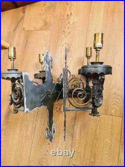Vintage Forged Iron Wall Lights Old English Period Gothic Handmade Grey 2 Pairs
