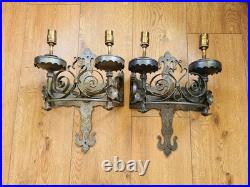 Vintage Forged Iron Wall Lights Old English Period Gothic Handmade Grey 2 Pairs