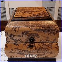Vintage French/English Wooden Box With Chinoiserie Toile Paper Decor. 25x25x23