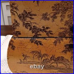 Vintage French/English Wooden Box With Chinoiserie Toile Paper Decor. 25x25x23