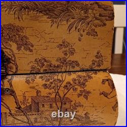 Vintage French/English Wooden Box With Chinoiserie Toile Paper Decor. 25x25x23