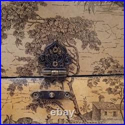 Vintage French/English Wooden Box With Chinoiserie Toile Paper Decor. 25x25x23