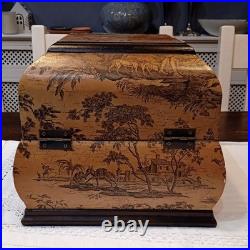 Vintage French/English Wooden Box With Chinoiserie Toile Paper Decor. 25x25x23