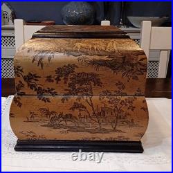 Vintage French/English Wooden Box With Chinoiserie Toile Paper Decor. 25x25x23