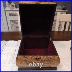 Vintage French/English Wooden Box With Chinoiserie Toile Paper Decor. 25x25x23