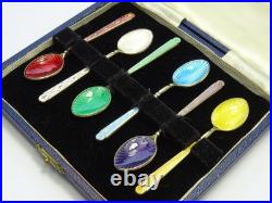 Vintage Hallmarked English Sterling Silver Set Of Six Enamel Tea Spoons Cased