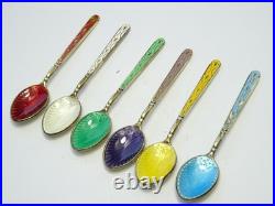 Vintage Hallmarked English Sterling Silver Set Of Six Enamel Tea Spoons Cased