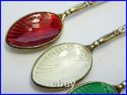 Vintage Hallmarked English Sterling Silver Set Of Six Enamel Tea Spoons Cased