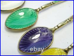 Vintage Hallmarked English Sterling Silver Set Of Six Enamel Tea Spoons Cased