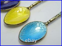 Vintage Hallmarked English Sterling Silver Set Of Six Enamel Tea Spoons Cased