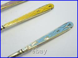 Vintage Hallmarked English Sterling Silver Set Of Six Enamel Tea Spoons Cased