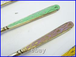 Vintage Hallmarked English Sterling Silver Set Of Six Enamel Tea Spoons Cased