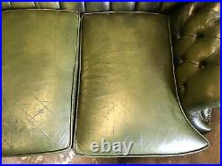 Vintage Hand Dyed Green Leather High Back Chesterfield 3 Seat Monks Sofa