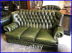 Vintage Hand Dyed Green Leather High Back Chesterfield 3 Seat Monks Sofa