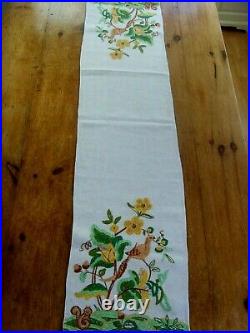 Vintage Hand Embroidered Tablecloth /runner Panels Jacobean Bird Squirrel Flora