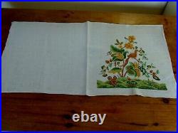 Vintage Hand Embroidered Tablecloth /runner Panels Jacobean Bird Squirrel Flora