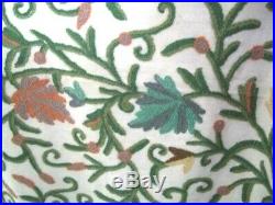 Vintage Hand embroidered LARGE Cotton bedspread/throw wool Crewel work 110 x72