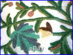 Vintage Hand embroidered LARGE Cotton bedspread/throw wool Crewel work 110 x72