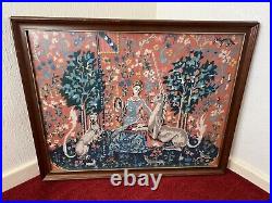 Vintage Large Framed Tapestry English Needlepoint The Lady and the Unicorn Lion