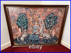 Vintage Large Framed Tapestry English Needlepoint The Lady and the Unicorn Lion