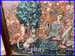 Vintage Large Framed Tapestry English Needlepoint The Lady and the Unicorn Lion