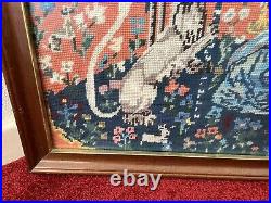 Vintage Large Framed Tapestry English Needlepoint The Lady and the Unicorn Lion