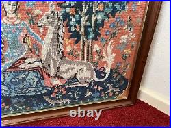 Vintage Large Framed Tapestry English Needlepoint The Lady and the Unicorn Lion