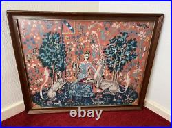Vintage Large Framed Tapestry English Needlepoint The Lady & the Unicorn Lion
