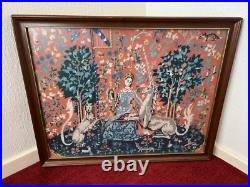 Vintage Large Framed Tapestry English Needlepoint The Lady & the Unicorn Lion