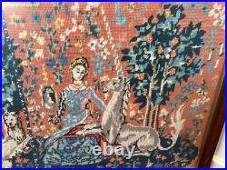 Vintage Large Framed Tapestry English Needlepoint The Lady & the Unicorn Lion