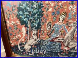 Vintage Large Framed Tapestry English Needlepoint The Lady & the Unicorn Lion