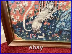 Vintage Large Framed Tapestry English Needlepoint The Lady & the Unicorn Lion